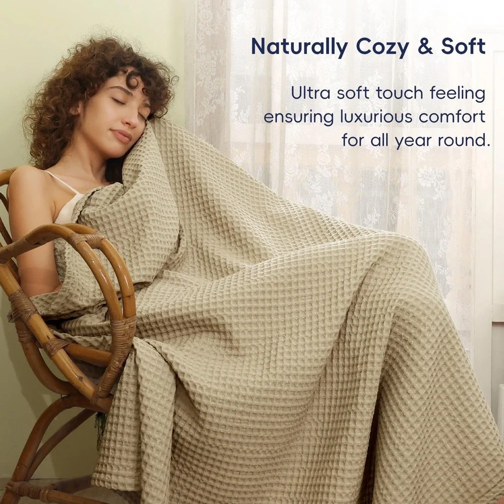 PHF Waffle Weave Blanket Queen 90x90 Khaki Ultra Soft Breathable Cotton Bedding